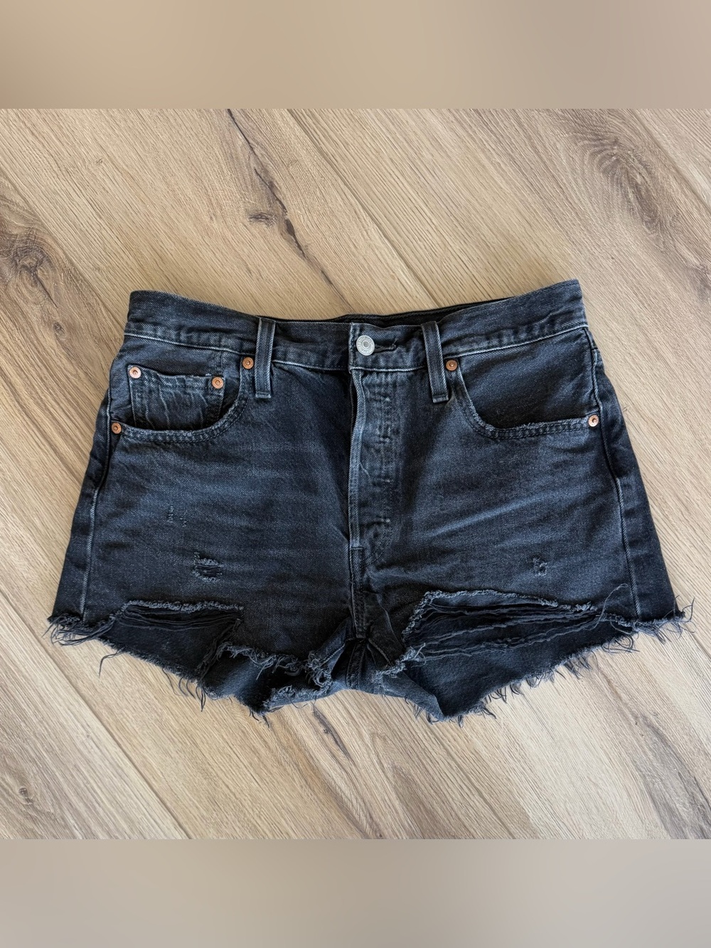 Levi’s 501 Black Distressed High-Rise Denim Shorts